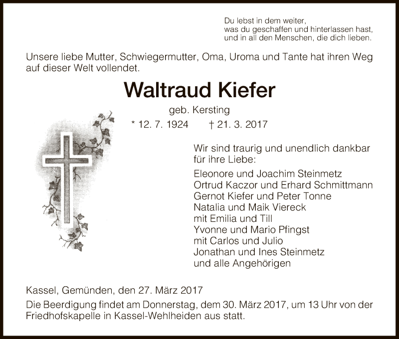  Traueranzeige für Waltraud Kiefer vom 27.03.2017 aus HNA