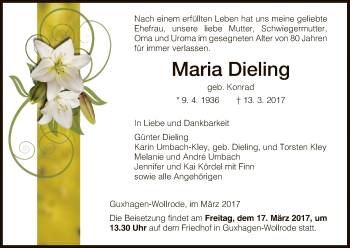 Traueranzeige von Maria Dieling von HNA