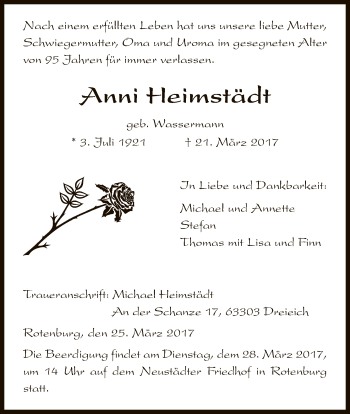 Traueranzeige von Anni Heimstädt von HNA