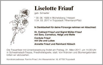 Traueranzeige von Liselotte Friauf von HNA