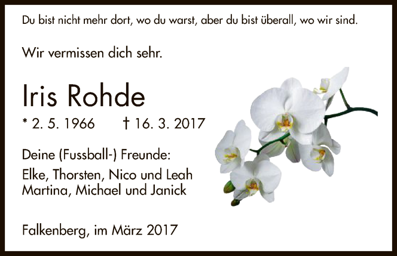  Traueranzeige für Iris Rohde vom 23.03.2017 aus HNA