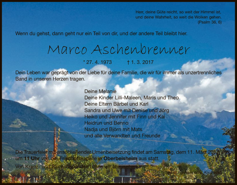  Traueranzeige für Marco Aschenbrenner vom 08.03.2017 aus HNA