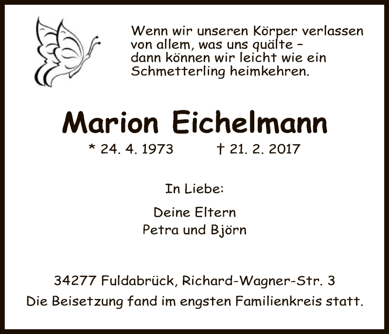  Traueranzeige für Marion Eichelmann vom 16.03.2017 aus HNA