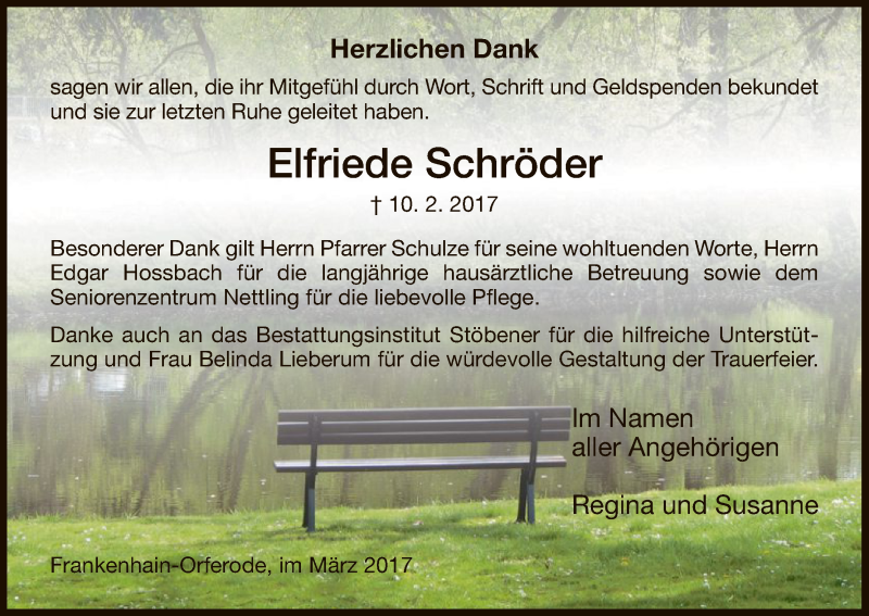  Traueranzeige für Elfriede Schröder vom 01.03.2017 aus HNA