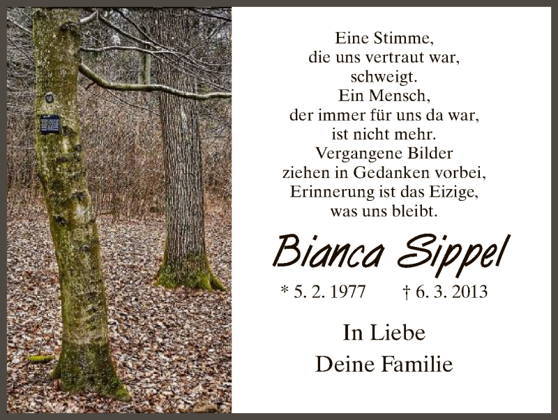  Traueranzeige für Bianca Sippel vom 06.03.2017 aus HNA