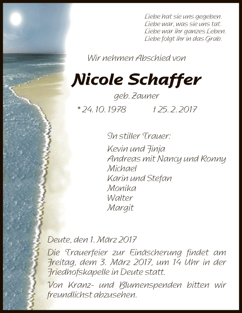  Traueranzeige für Nicole Schaffer vom 01.03.2017 aus HNA