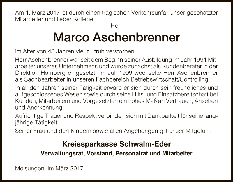  Traueranzeige für Marco Aschenbrenner vom 08.03.2017 aus HNA