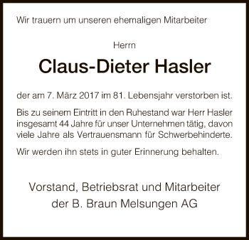 Traueranzeige von Claus-Dieter Hasler von HNA