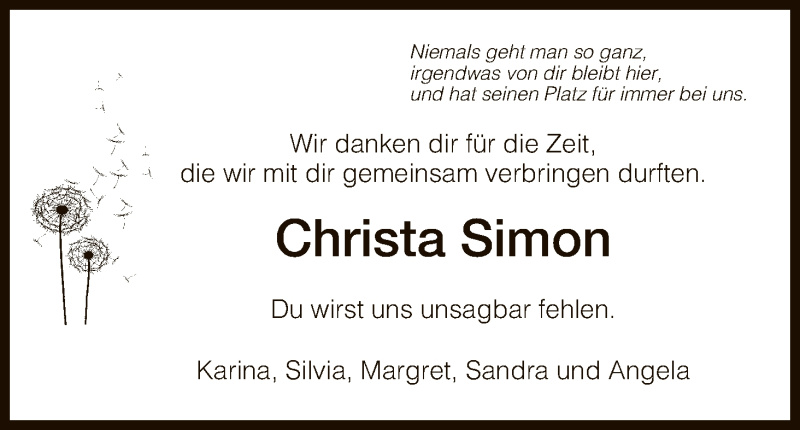  Traueranzeige für Christa Simon vom 09.03.2017 aus HNA