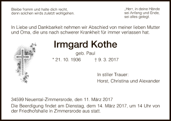 Traueranzeige von Irmgard Kothe von HNA