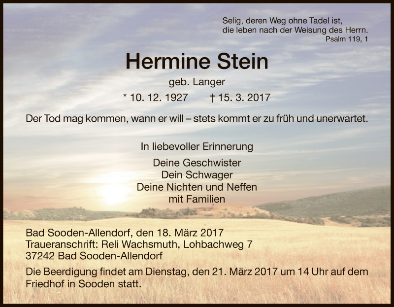  Traueranzeige für Hermine Stein vom 18.03.2017 aus HNA