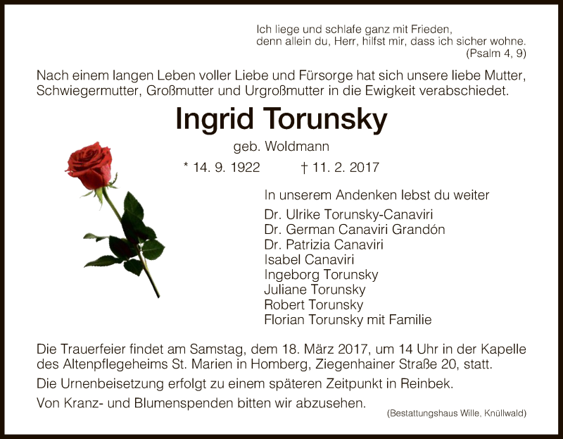  Traueranzeige für Ingrid Torunsky vom 15.03.2017 aus HNA