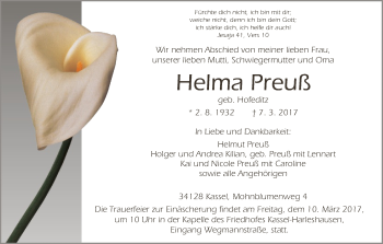 Traueranzeige von Helma Preuß von HNA