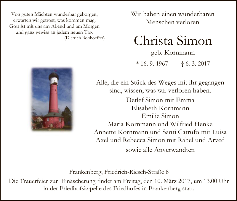  Traueranzeige für Christa Simon vom 08.03.2017 aus HNA