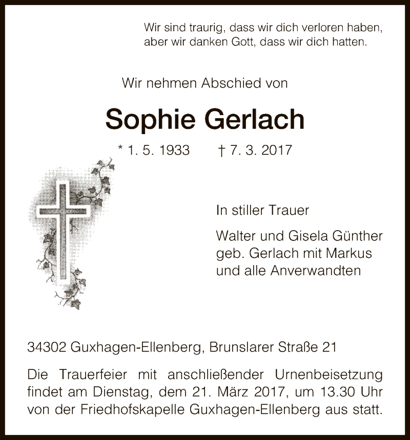 Traueranzeigen von Sophie Gerlach | Trauer.HNA.de