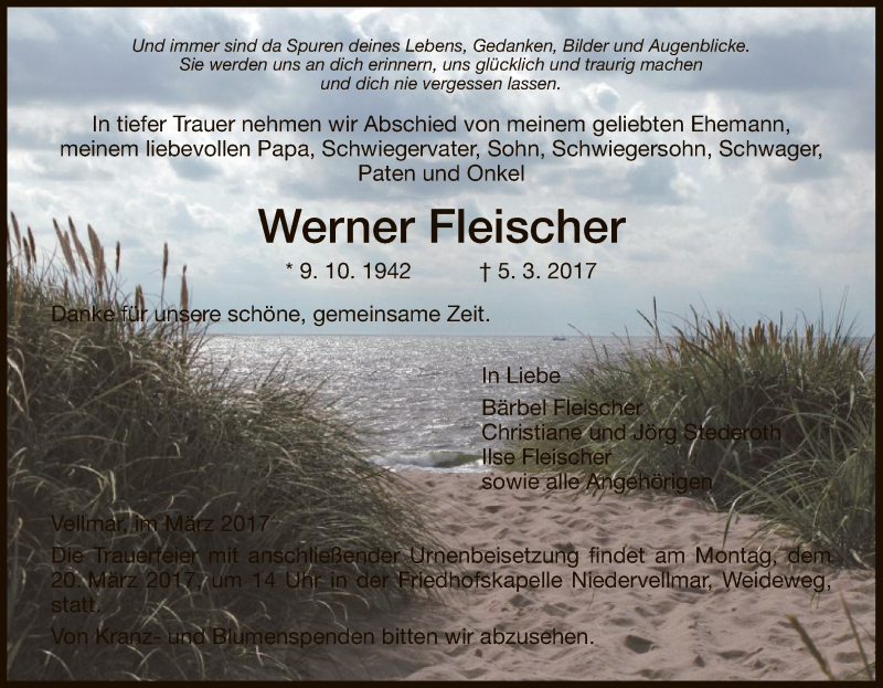  Traueranzeige für Werner Fleischer vom 15.03.2017 aus HNA