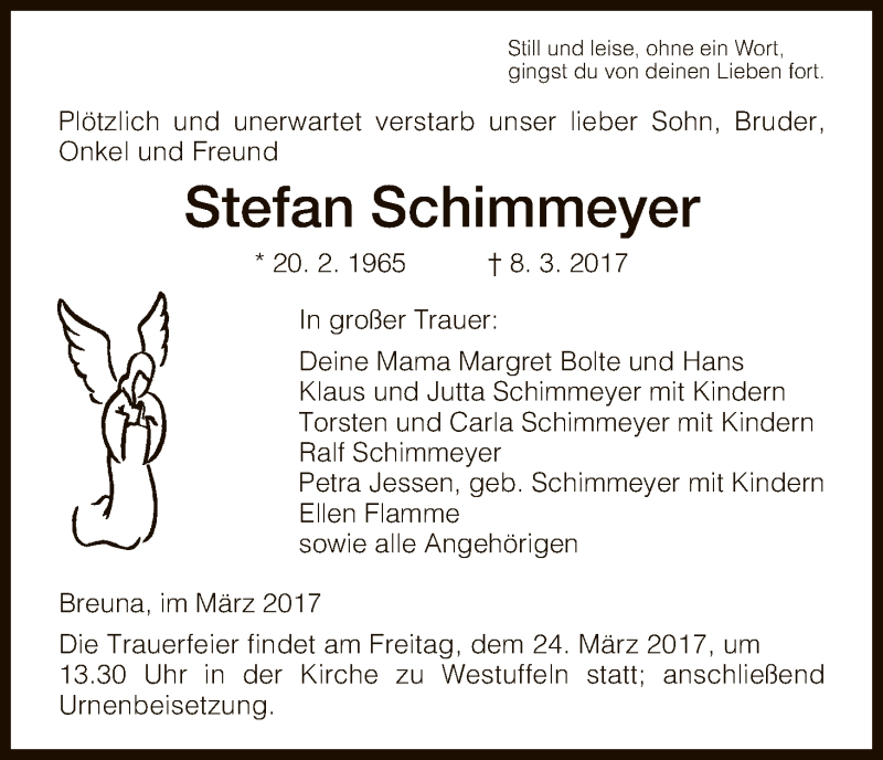  Traueranzeige für Stefan Schimmeyer vom 20.03.2017 aus HNA