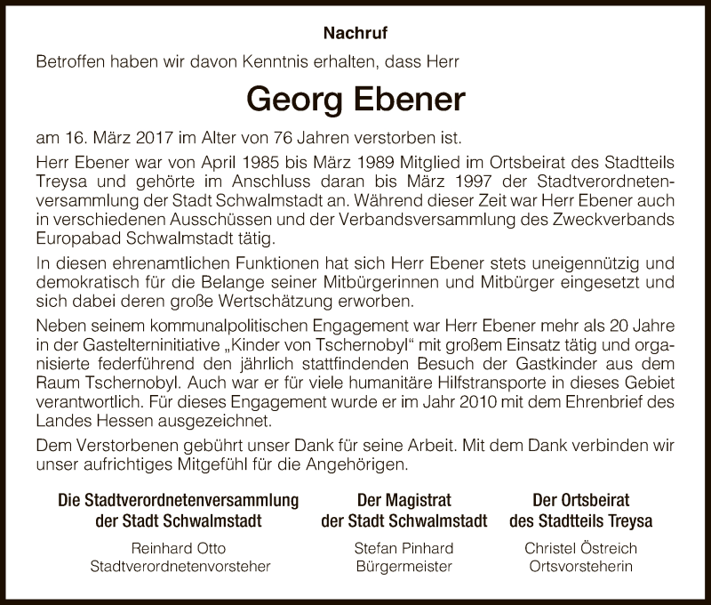 Traueranzeige für Georg Ebener vom 22.03.2017 aus HNA