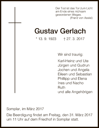 Traueranzeige von Gustav Gerlach von HNA