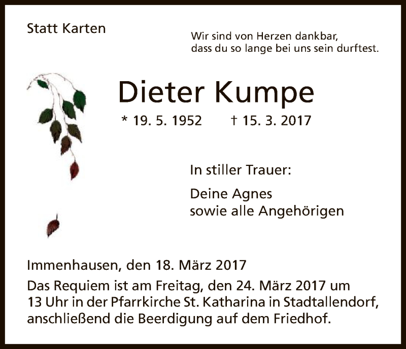  Traueranzeige für Dieter Kumpe vom 18.03.2017 aus HNA