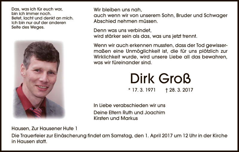  Traueranzeige für Dirk Groß vom 30.03.2017 aus HNA