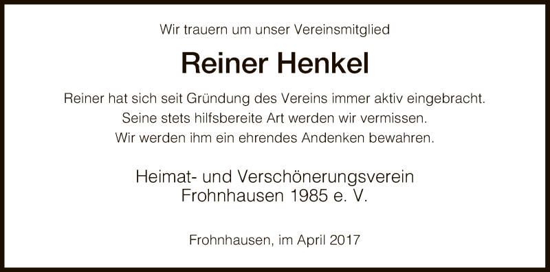  Traueranzeige für Reiner Henkel vom 24.04.2017 aus HNA