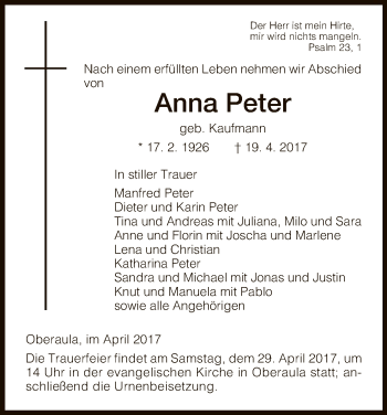 Traueranzeige von Peter Anna von HNA