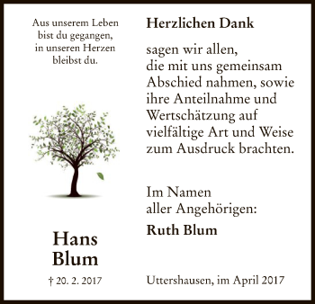 Traueranzeige von Hans Blum von HNA