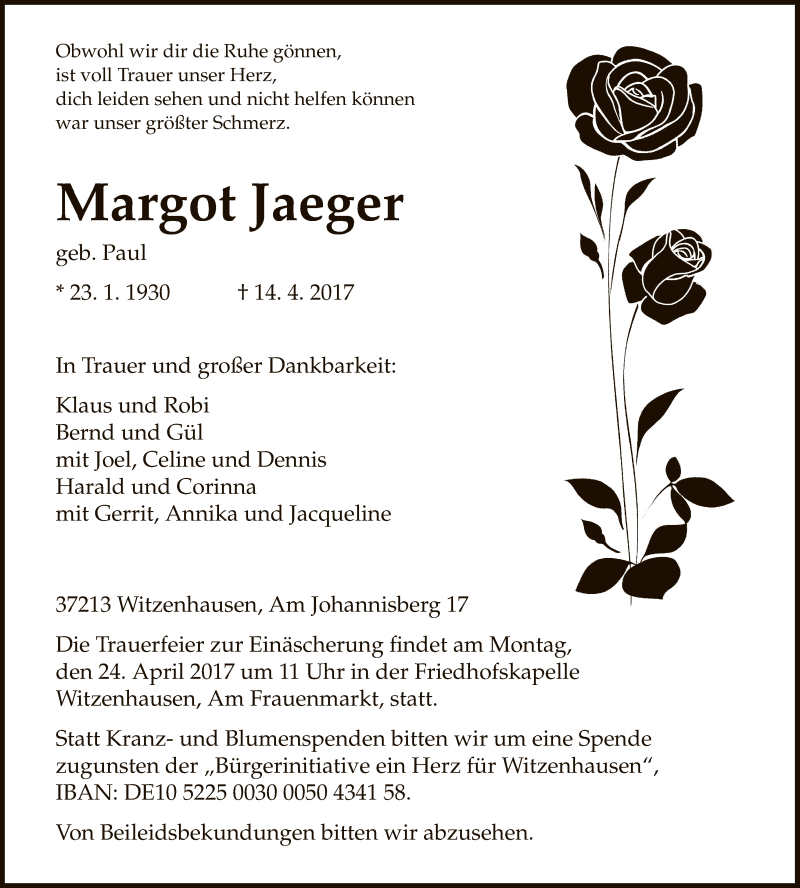  Traueranzeige für Margot Jaeger vom 18.04.2017 aus HNA