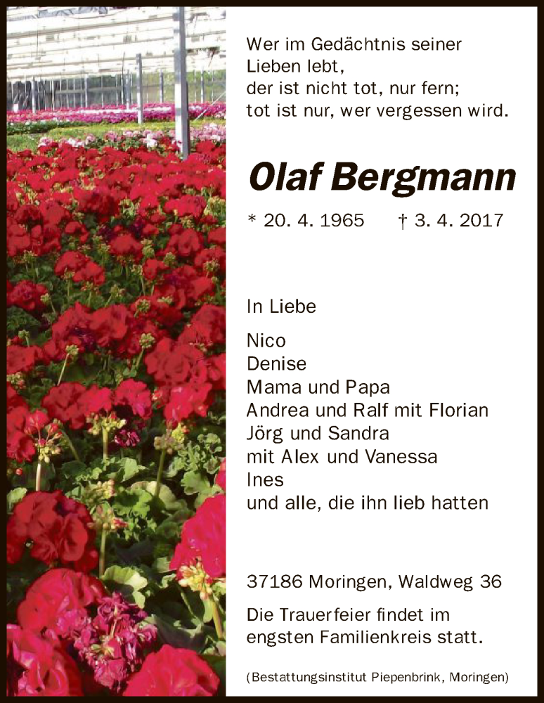  Traueranzeige für Olaf Bergmann vom 05.04.2017 aus HNA