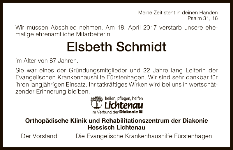  Traueranzeige für Elsbeth Schmidt vom 22.04.2017 aus HNA