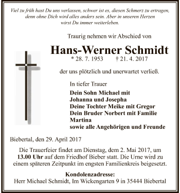 Traueranzeige von Hans-Werner Schmidt von HNA