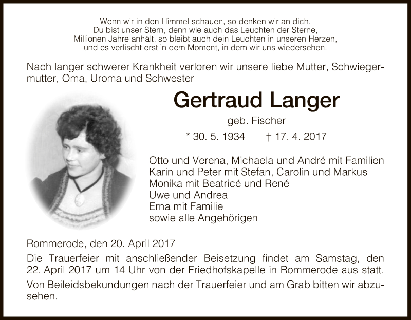  Traueranzeige für Gertraud Langer vom 20.04.2017 aus HNA