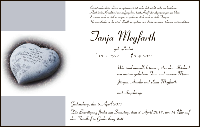  Traueranzeige für Tanja Meyfarth vom 06.04.2017 aus HNA
