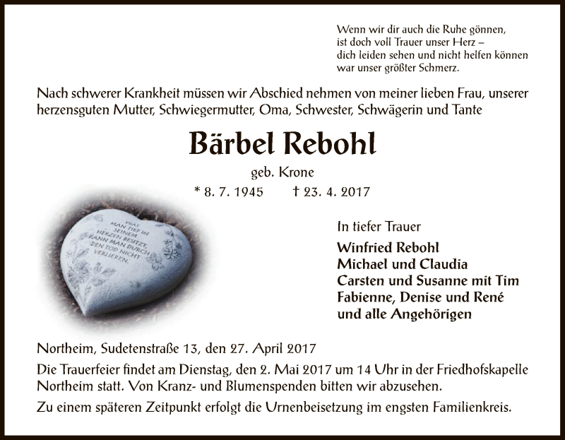  Traueranzeige für Bärbel Rebohl vom 27.04.2017 aus HNA