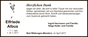 Traueranzeige von Elfriede Albus von HNA
