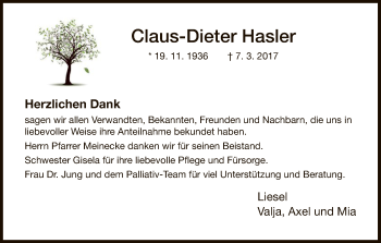 Traueranzeige von Claus-Dieter Hasler von HNA