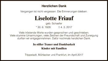 Traueranzeige von Liselotte Friauf von HNA