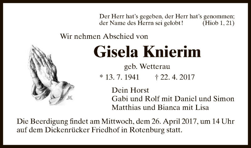  Traueranzeige für Gisela Knierim vom 24.04.2017 aus HNA