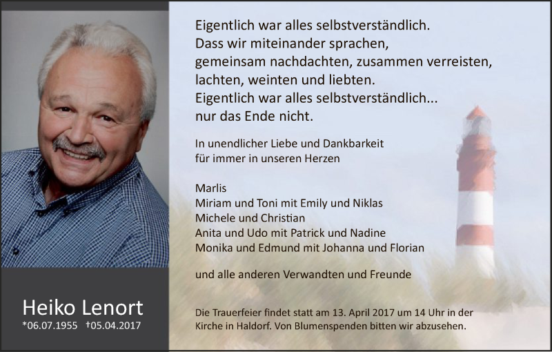  Traueranzeige für Heiko Lenort vom 08.04.2017 aus HNA