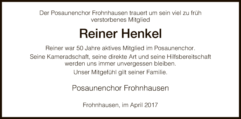  Traueranzeige für Reiner Henkel vom 24.04.2017 aus HNA