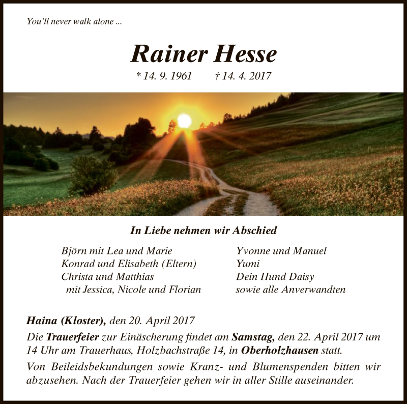  Traueranzeige für Rainer Hesse vom 20.04.2017 aus HNA