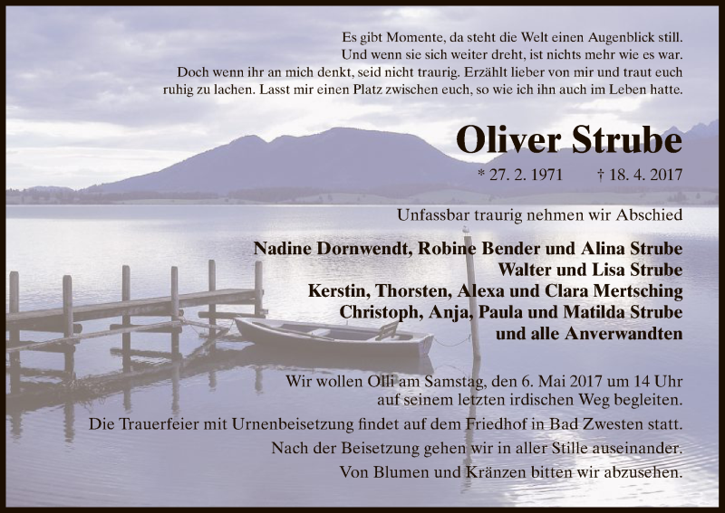  Traueranzeige für Oliver Strube vom 29.04.2017 aus HNA