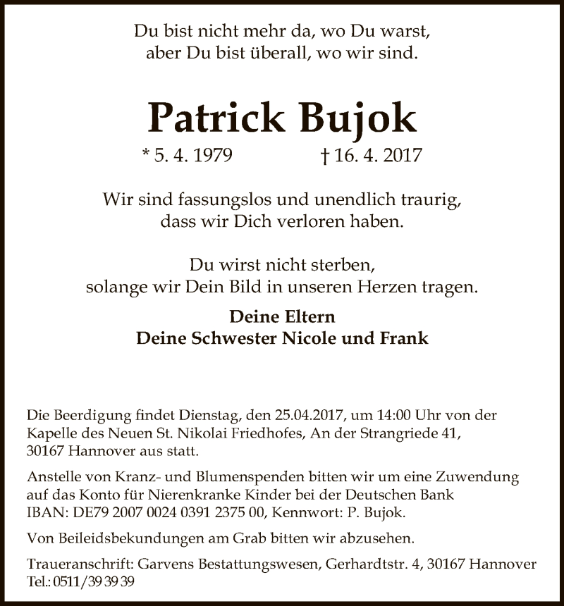 Traueranzeige für Patrick Bujok vom 22.04.2017 aus HNA