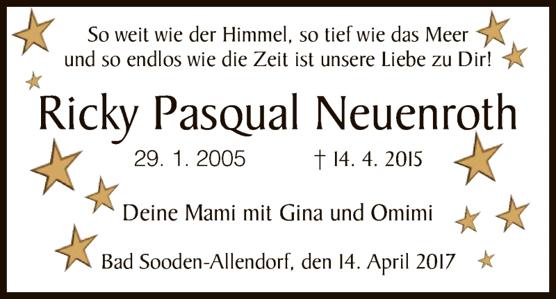  Traueranzeige für Ricky Pasqual Neuenroth vom 13.04.2017 aus HNA