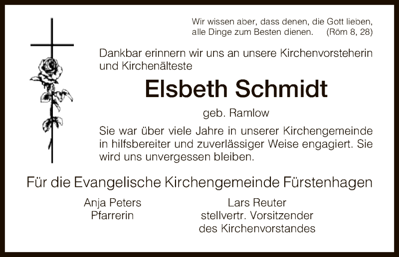  Traueranzeige für Elsbeth Schmidt vom 24.04.2017 aus HNA