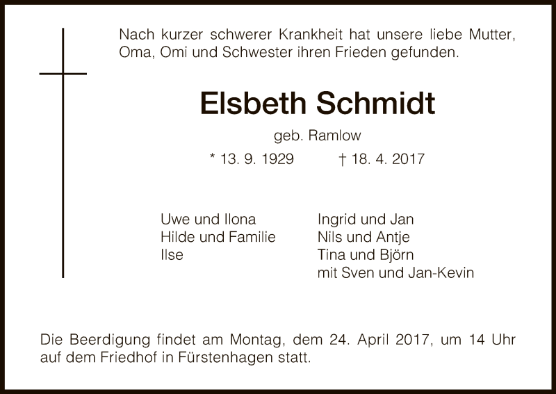  Traueranzeige für Elsbeth Schmidt vom 20.04.2017 aus HNA