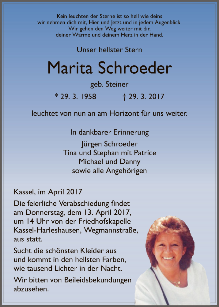  Traueranzeige für Marita Schroeder vom 08.04.2017 aus HNA