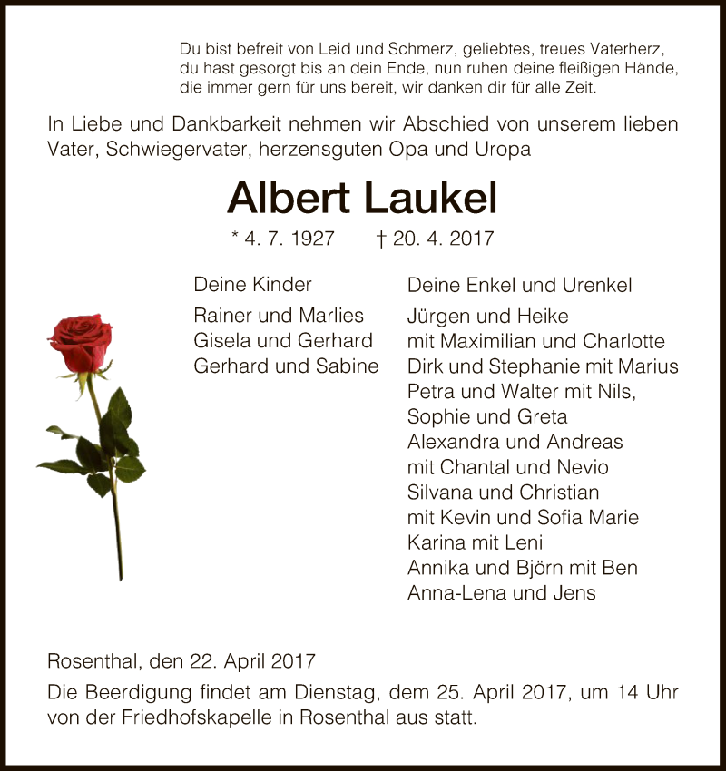  Traueranzeige für Albert Laukel vom 22.04.2017 aus HNA