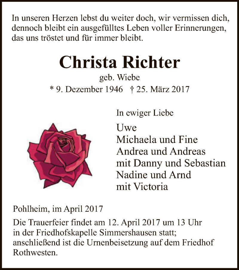  Traueranzeige für Christa Richter vom 08.04.2017 aus HNA